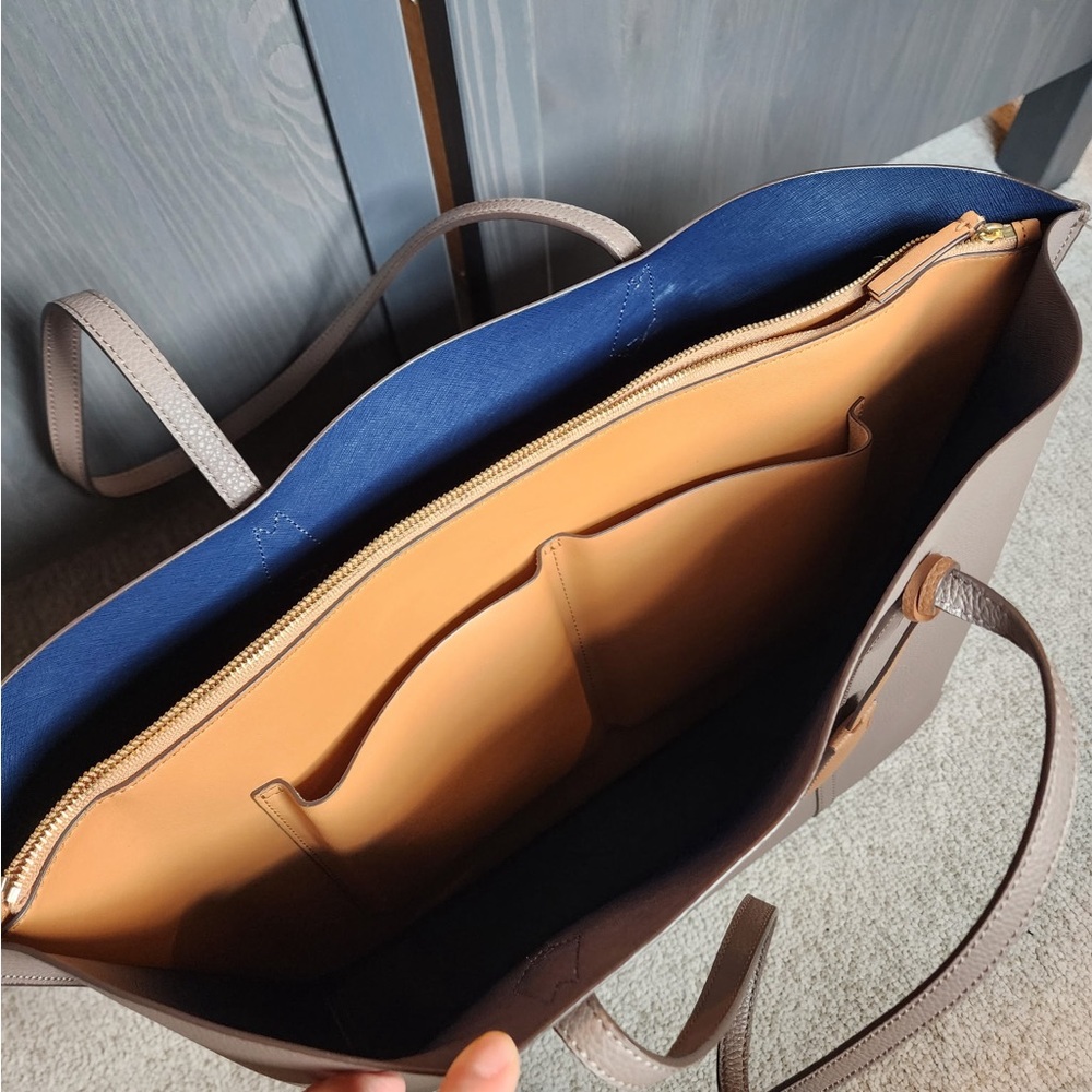 Tory Burch Taupe Leather Tote with Yellow Accent - Picture 3 of 6